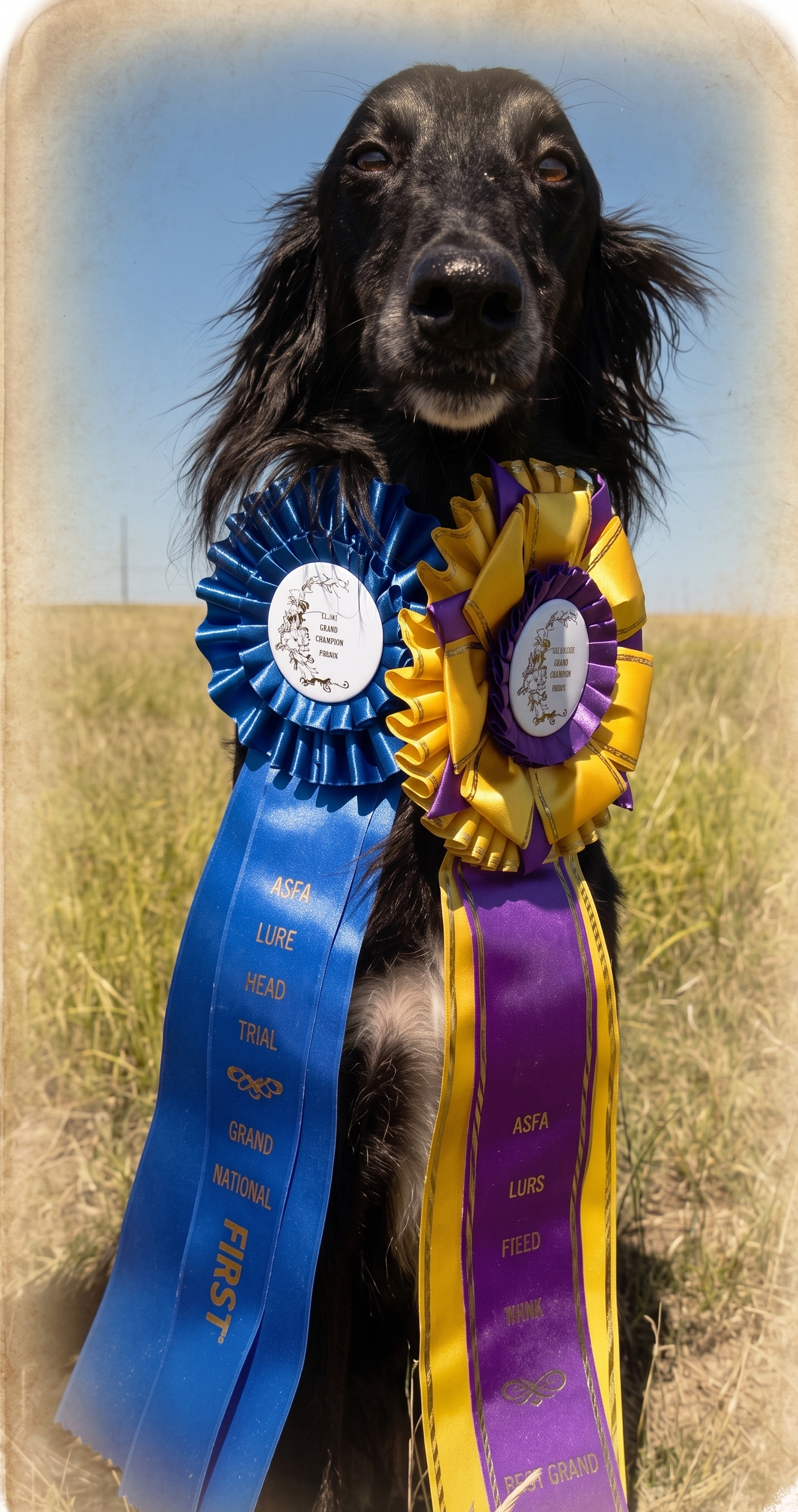 Silken Windhound champion wearing Grand National and Best in Field ribbons